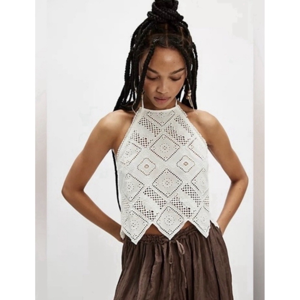Free People Hankie Halter Top Large White Eyelet Embroidered Boho NWT $78